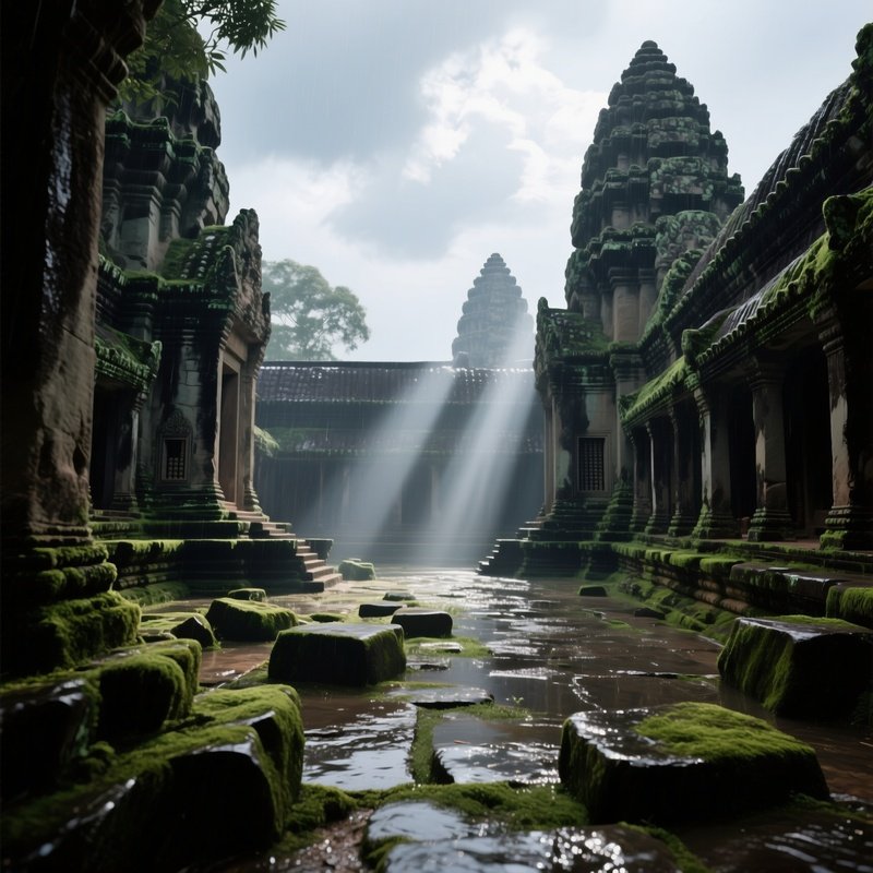 A Rainy Afternoon In An Ancient Angkor Wat Courtyard, Moss Covered Stones Glistening, Beams Of