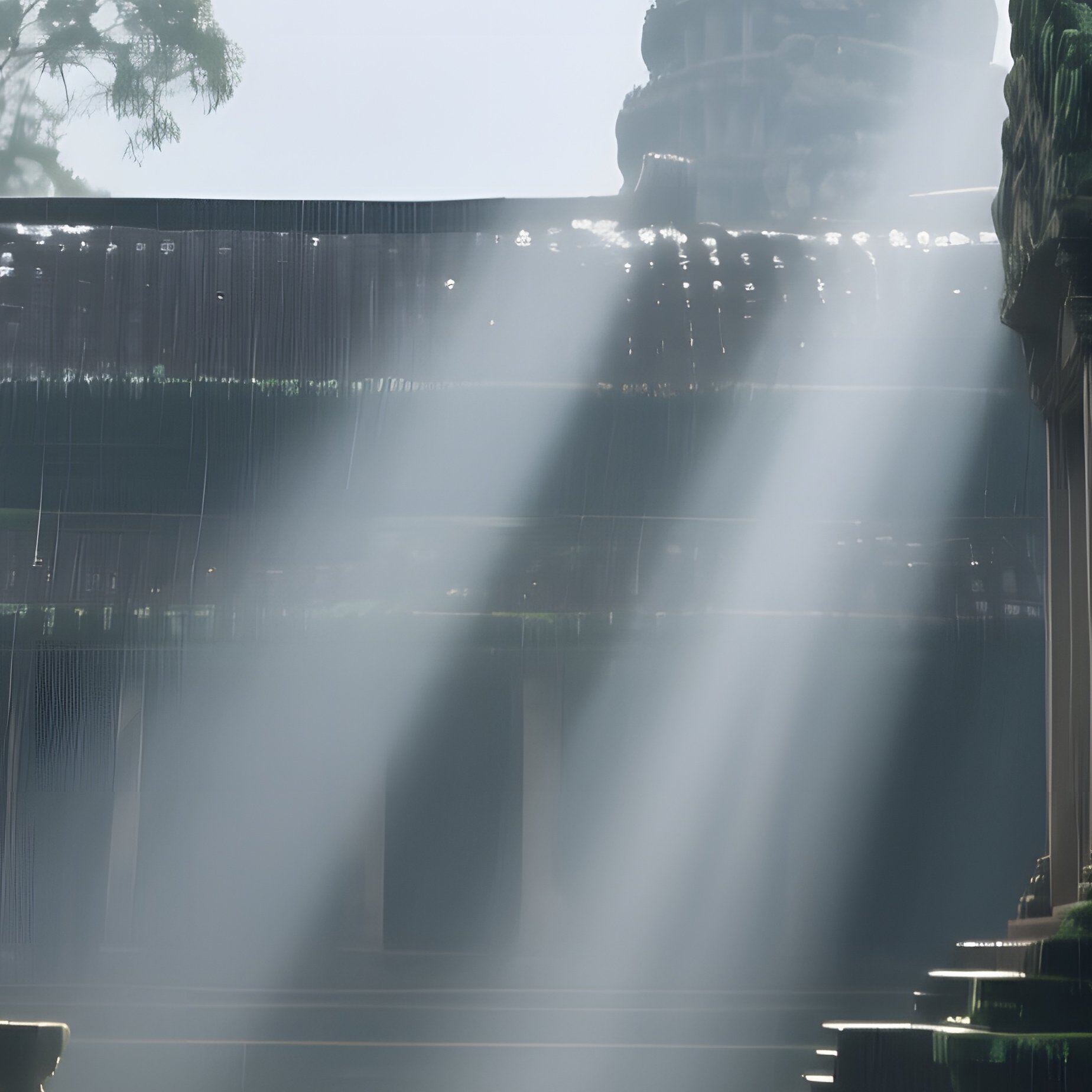 A Rainy Afternoon In An Ancient Angkor Wat Courtyard, Moss Covered Stones Glistening, Beams Of - Full Resolution Quality Preview