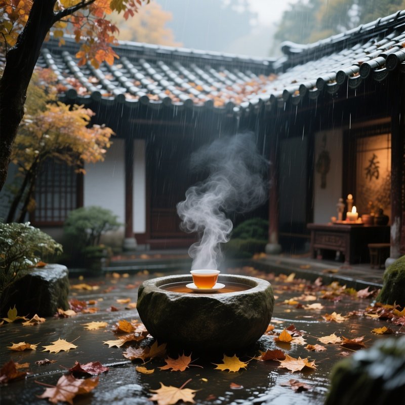 A Rainy Autumn Courtyard Altar Under A Tiled Roof, Fallen Leaves Scattered Around A Stone Basin