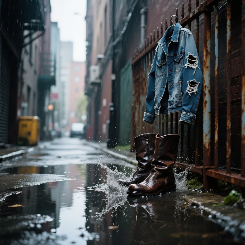 A Rainy City Alleyway Reflected In Puddles, Wet Leather Boots Splashing Through Water Beside A Torn