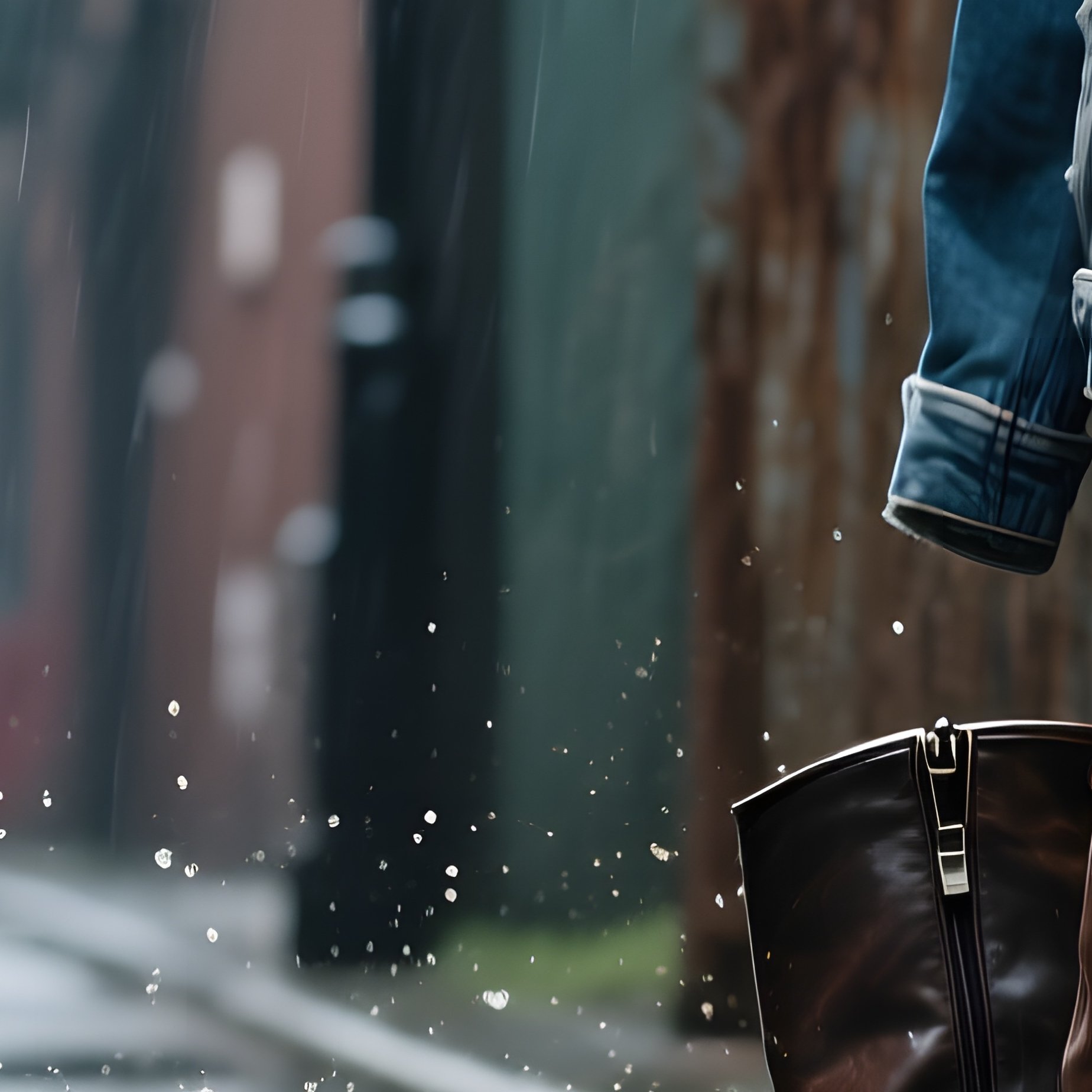 A Rainy City Alleyway Reflected In Puddles, Wet Leather Boots Splashing Through Water Beside A Torn - Full Resolution Quality Preview