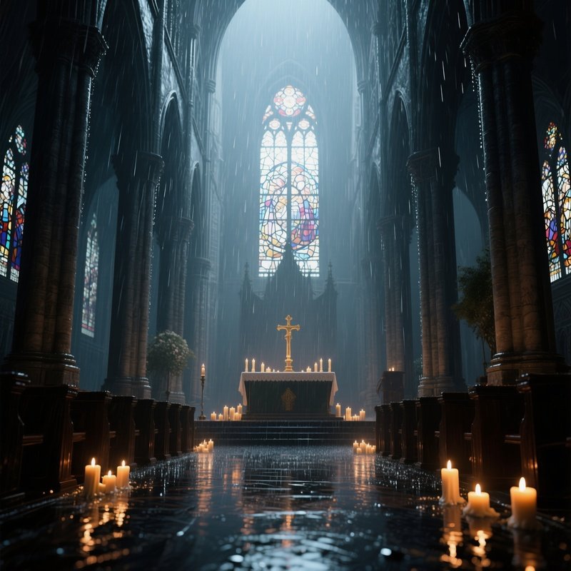 A Rainy City Cathedral Interior Altar With Towering Columns, Rainwater Dripping From Stained Glass