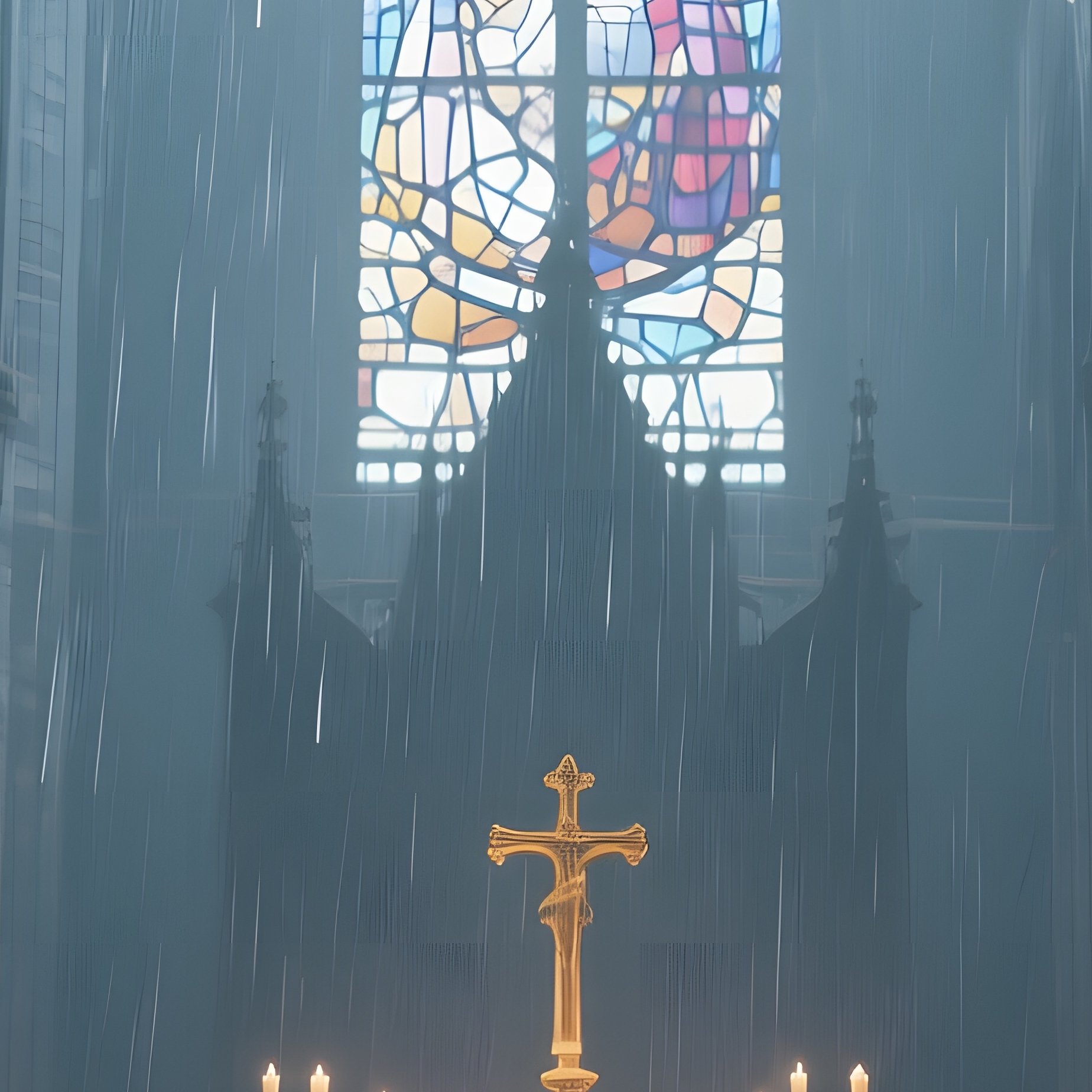 A Rainy City Cathedral Interior Altar With Towering Columns, Rainwater Dripping From Stained Glass - Full Resolution Quality Preview