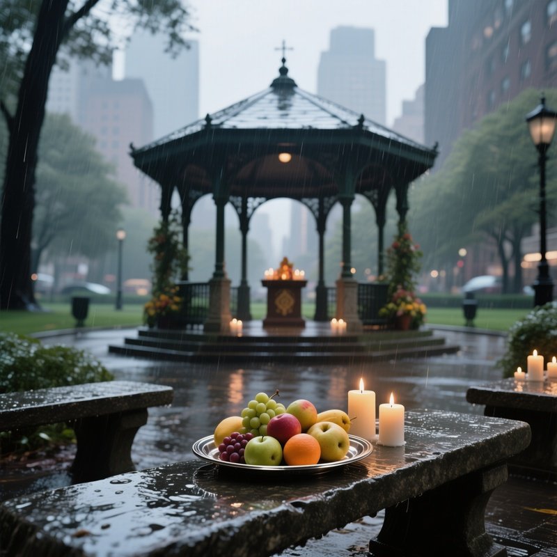 A Rainy City Park Altar Under A Gazebo, Wet Stone Benches, A Metal Tray With Fresh Fruit, Candles