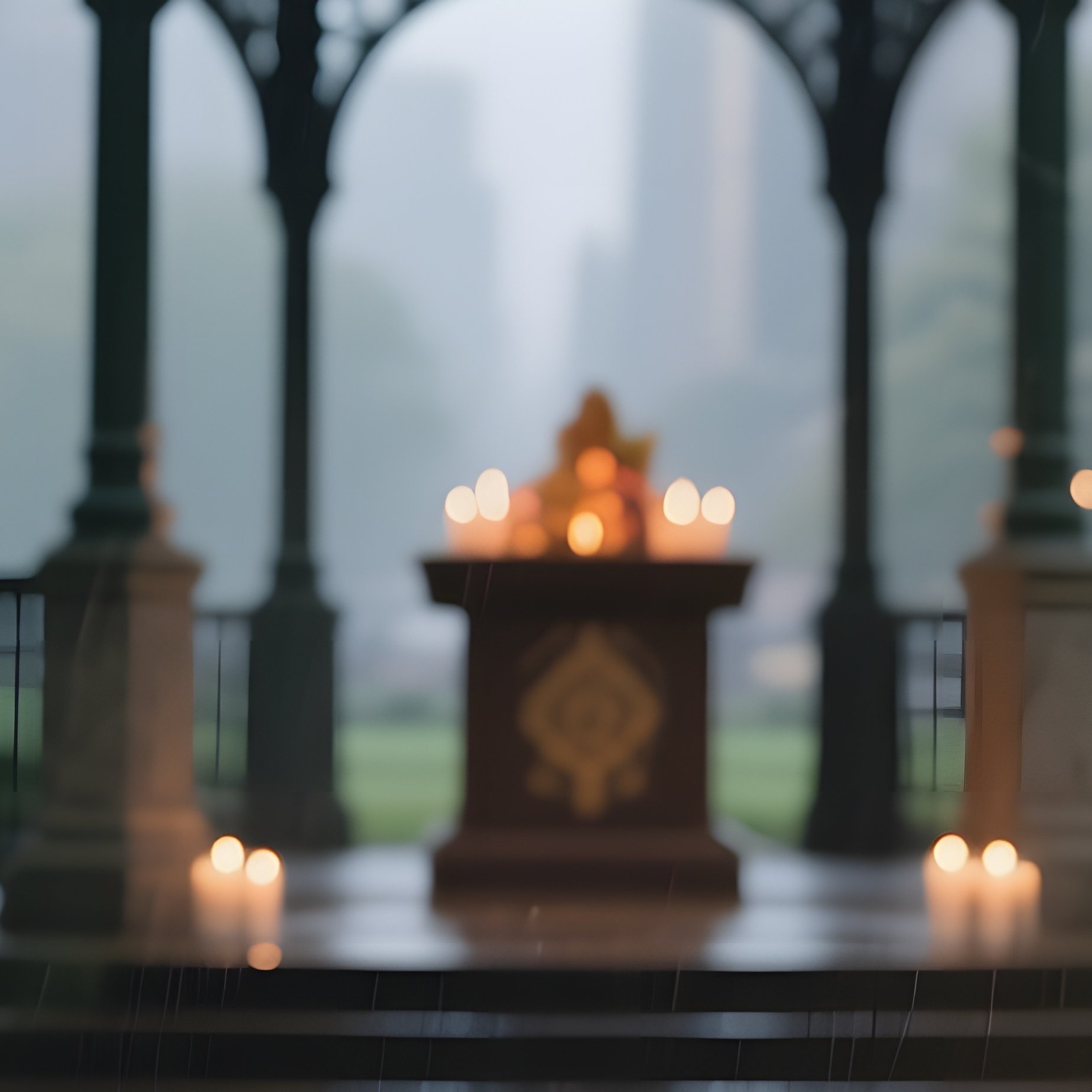 A Rainy City Park Altar Under A Gazebo, Wet Stone Benches, A Metal Tray With Fresh Fruit, Candles - Full Resolution Quality Preview