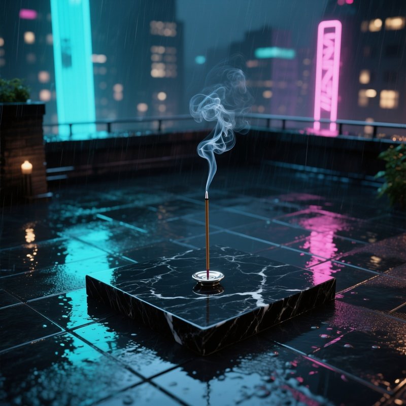 A Rainy City Rooftop Altar At Night, Neon Reflections On Wet Tiles, A Sleek Black Marble Slab