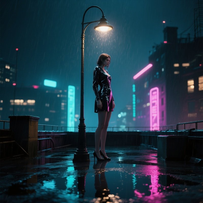 A Rainy City Rooftop At Night, A Lone Female Figure Under A Single Streetlamp, Rain Slicking Her