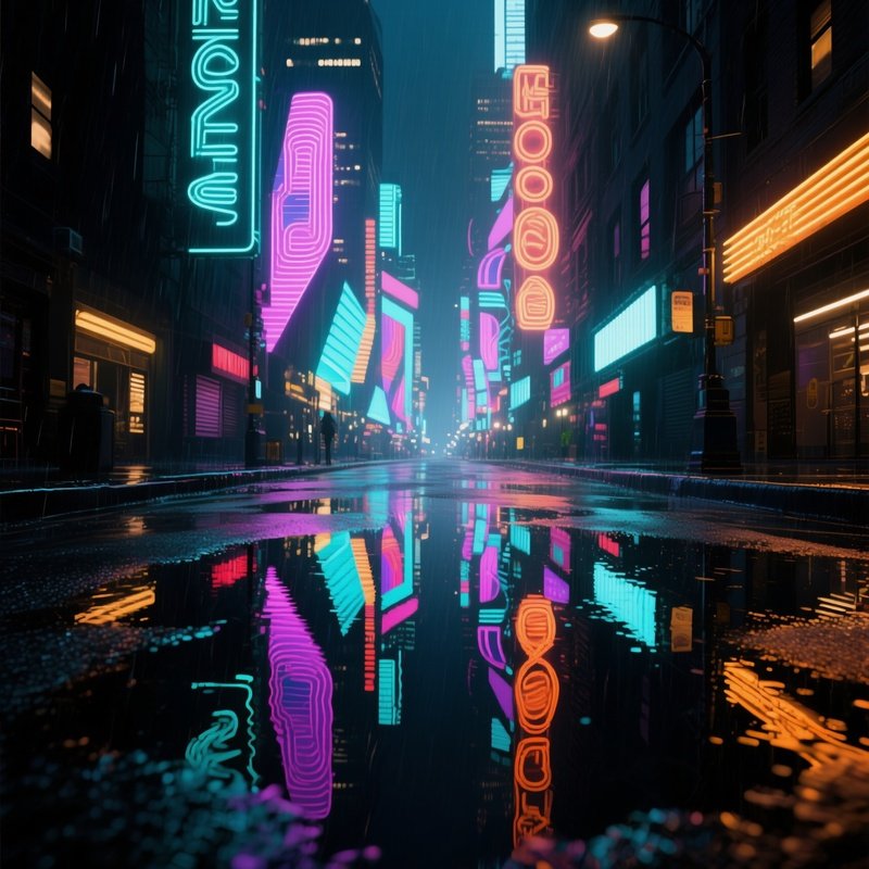 A Rainy City Street At Night Where Reflective Puddles Mirror Towering Neon Lit Abstract Signage,