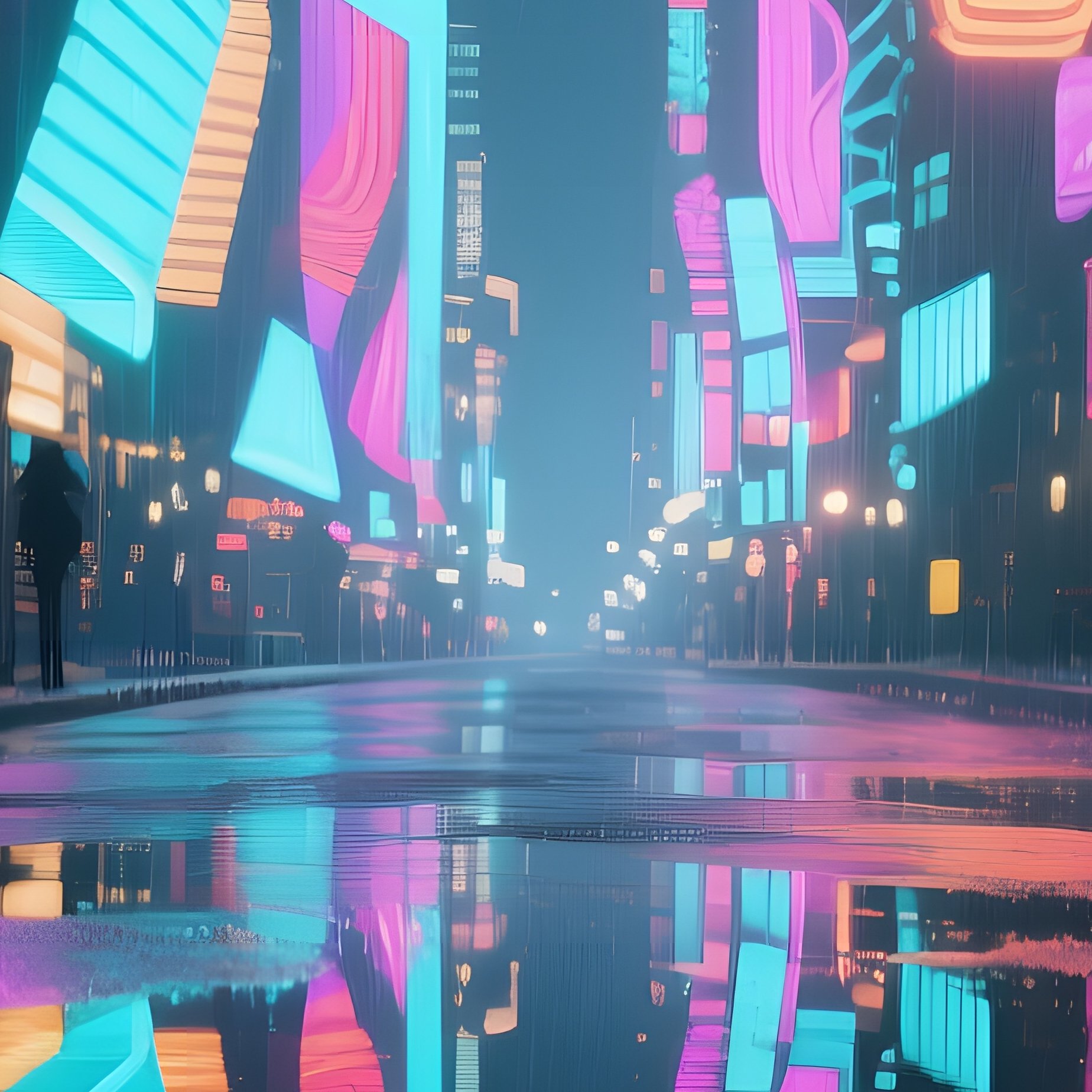 A Rainy City Street At Night Where Reflective Puddles Mirror Towering Neon Lit Abstract Signage, - Full Resolution Quality Preview