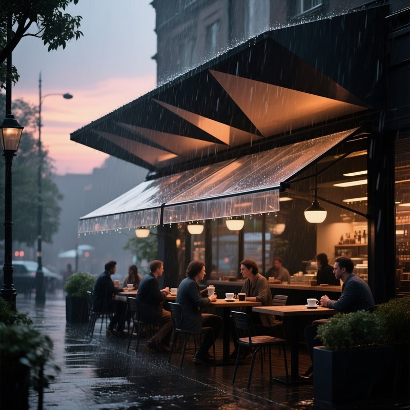 A Rainy Dusk At A Bold Geometric Café With Large Cantilevered Roof, Patrons Sipping Coffee Under