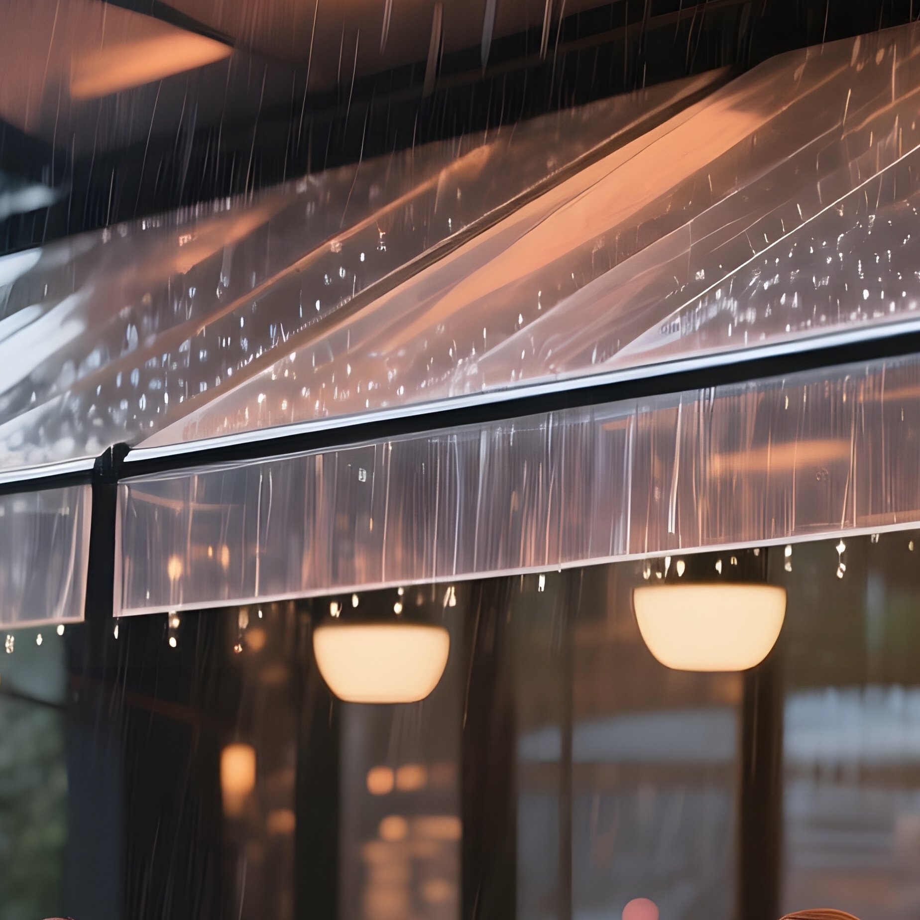 A Rainy Dusk At A Bold Geometric Café With Large Cantilevered Roof, Patrons Sipping Coffee Under - Full Resolution Quality Preview