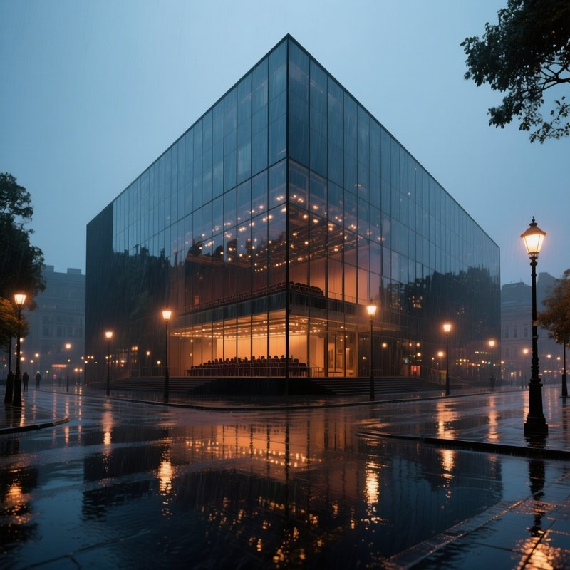 A Rainy Dusk At An Angular Glass Concert Hall, Reflections Of Streetlights Dancing On Wet Pavement
