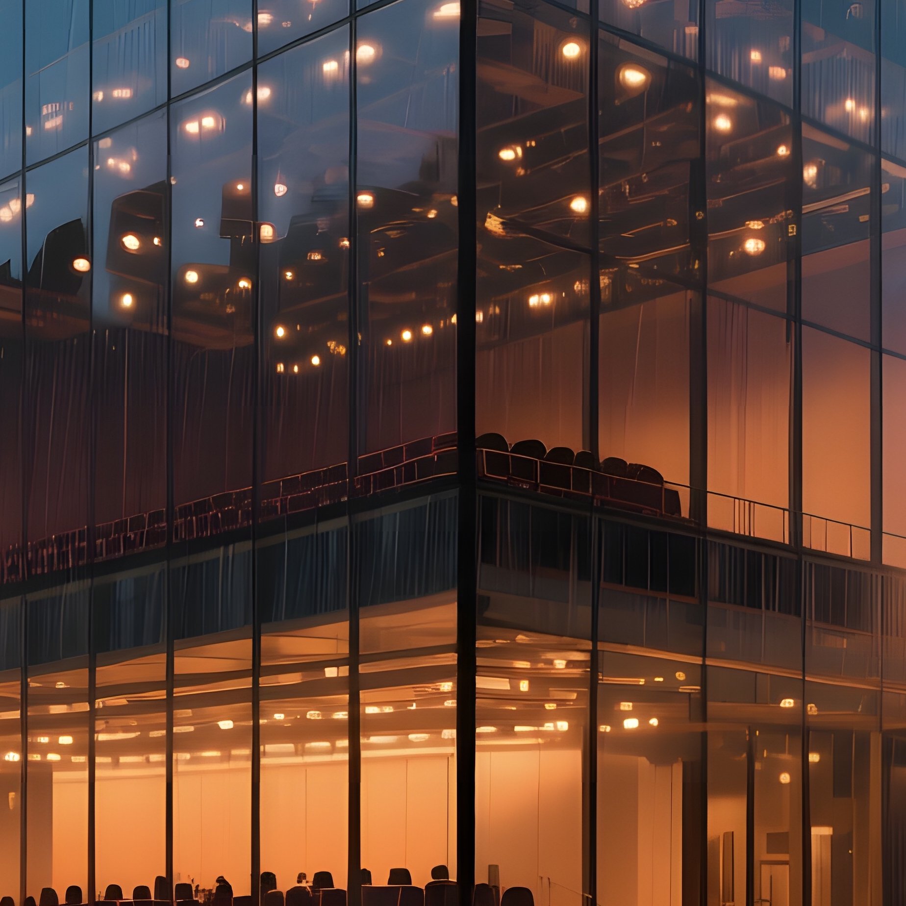 A Rainy Dusk At An Angular Glass Concert Hall, Reflections Of Streetlights Dancing On Wet Pavement - Full Resolution Quality Preview