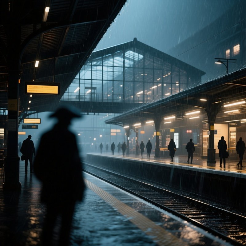 A Rainy Evening At A Steel And Glass Train Station, Commuters' Silhouettes Blurred By Falling Rain