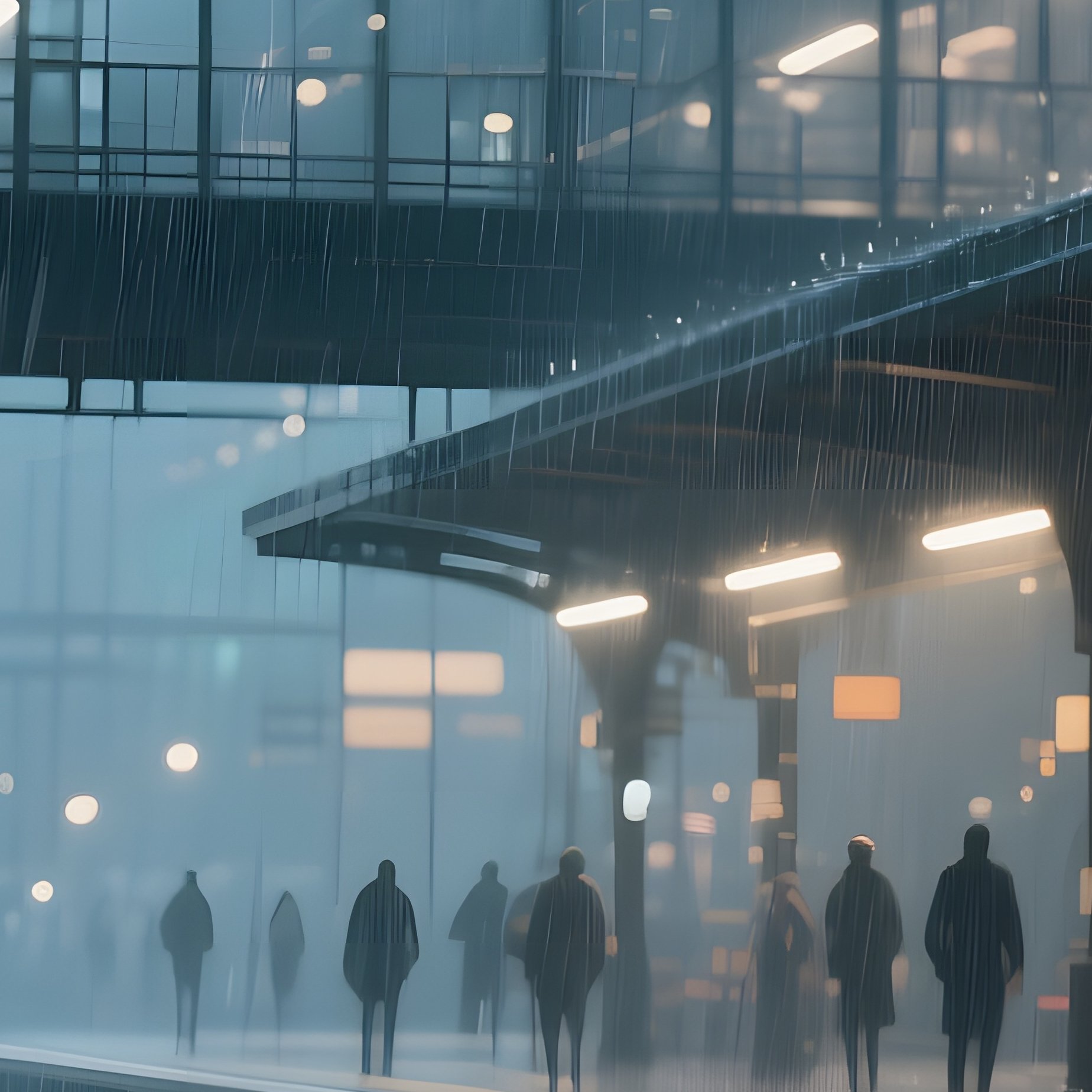 A Rainy Evening At A Steel And Glass Train Station, Commuters' Silhouettes Blurred By Falling Rain - Full Resolution Quality Preview