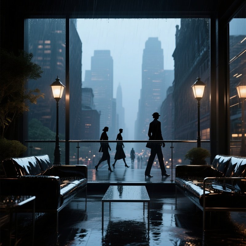 A Rainy Evening Cityscape Viewed From A Glass Balcony, Where Sleek Rain‑Slicked Furniture Glistens