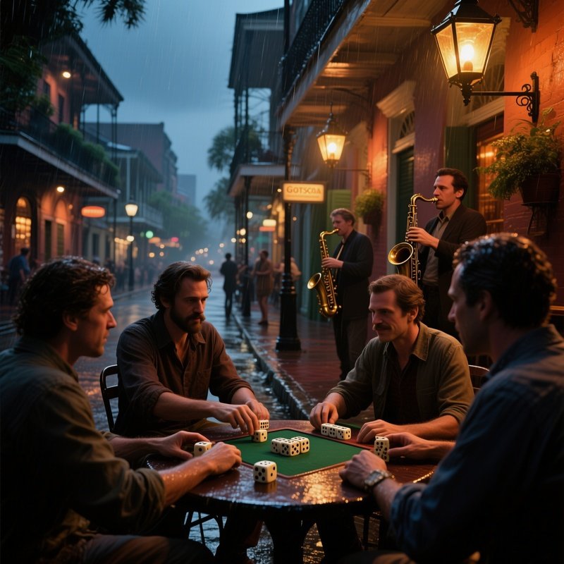 A Rainy Evening In New Orleans' French Quarter, Lanterns Casting Warm Glows As Locals Gather Around