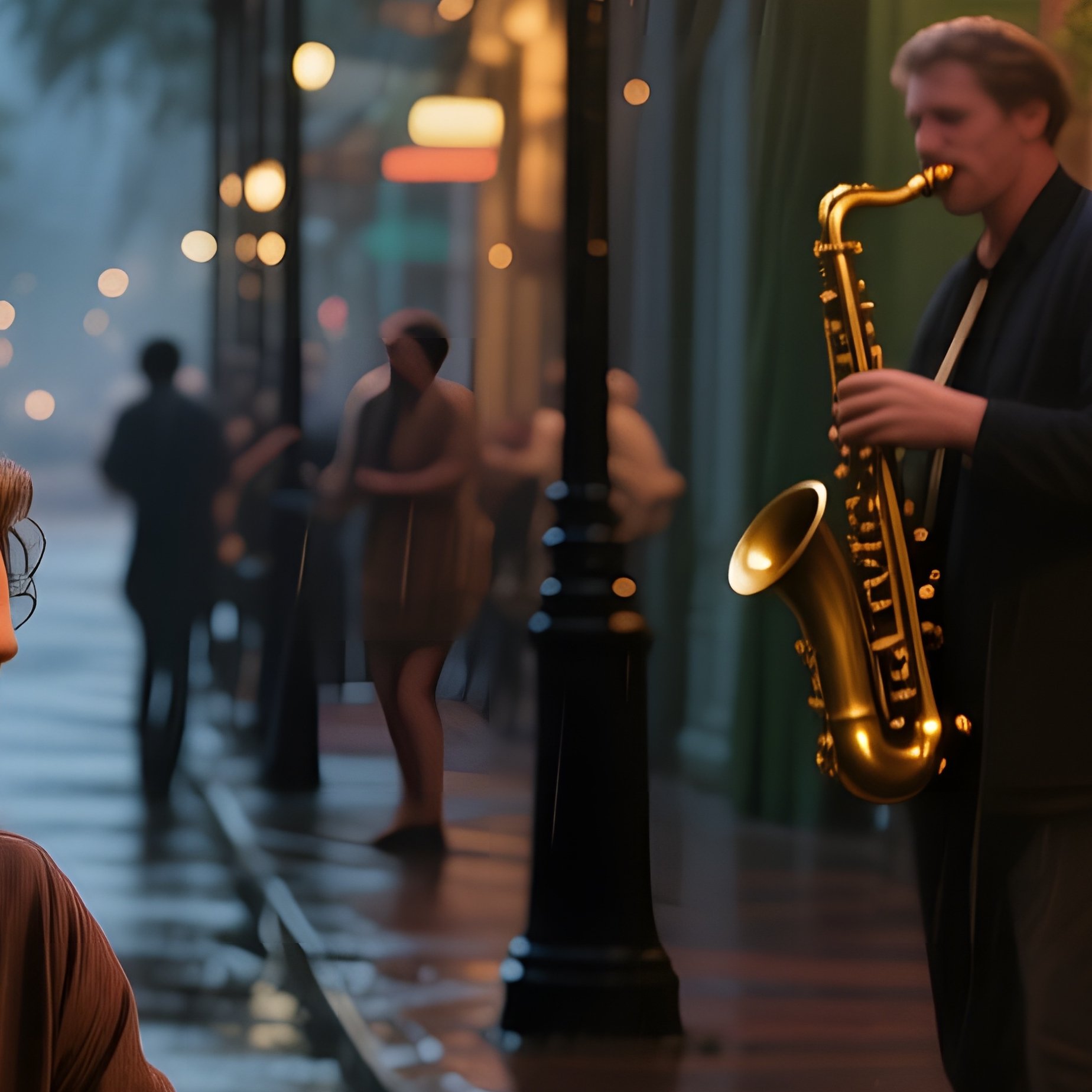 A Rainy Evening In New Orleans' French Quarter, Lanterns Casting Warm Glows As Locals Gather Around - Full Resolution Quality Preview