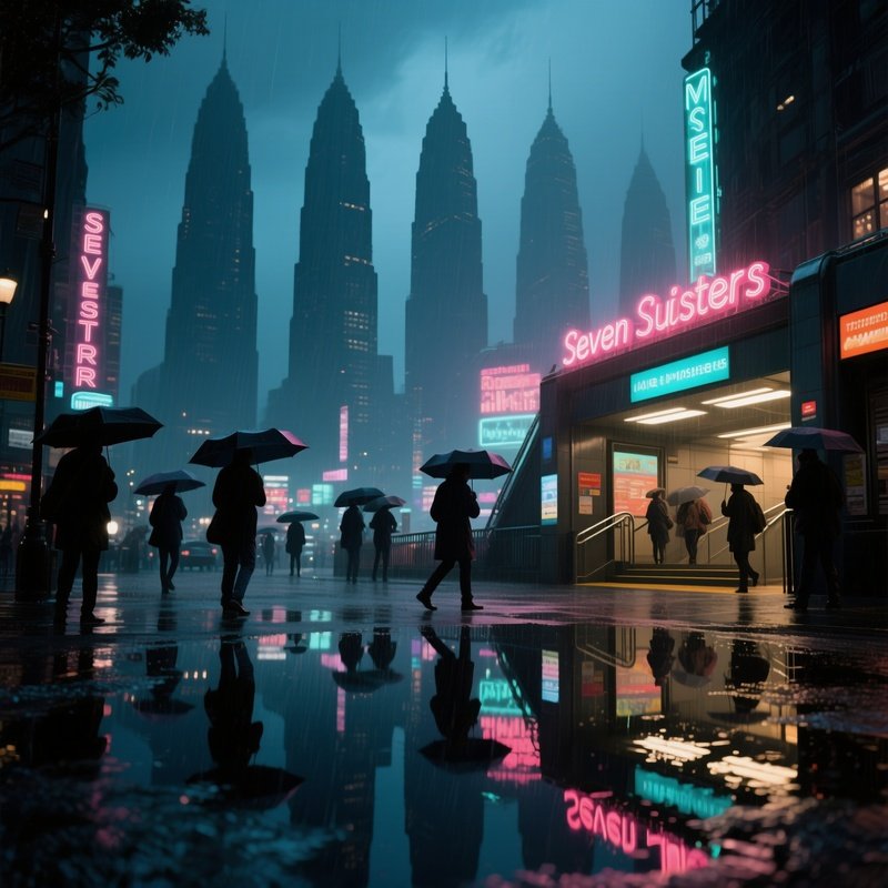 A Rainy Evening Scene Where Neon Signs Flicker Softly Against The Towering Silhouettes Of The Seven