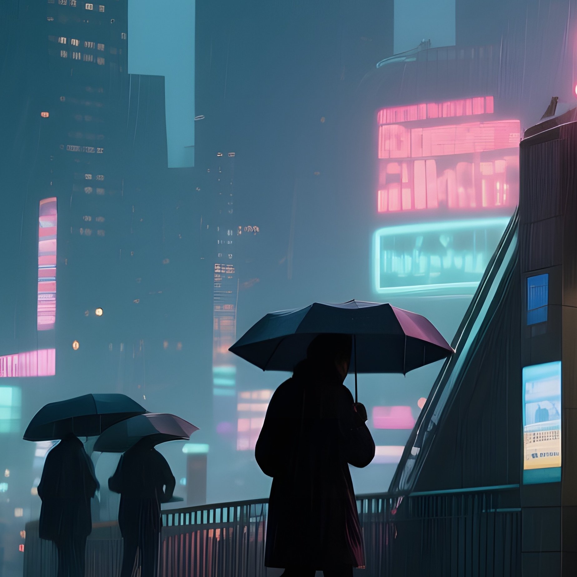 A Rainy Evening Scene Where Neon Signs Flicker Softly Against The Towering Silhouettes Of The Seven - Full Resolution Quality Preview