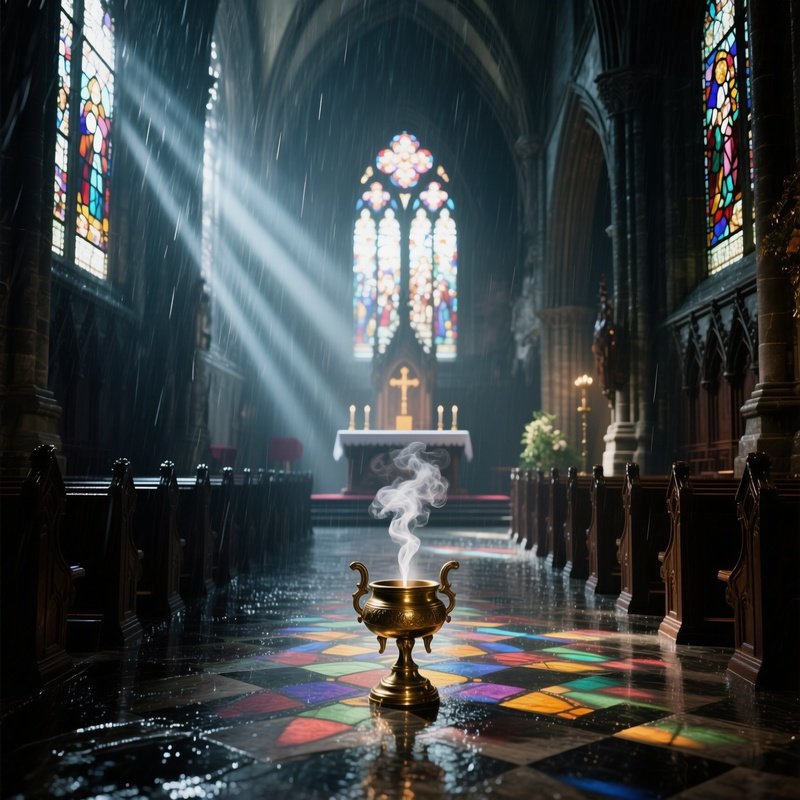 A Rainy Gothic Cathedral Aisle Altar, Stained‑Glass Rain Streaks Creating Kaleidoscopic Patterns On