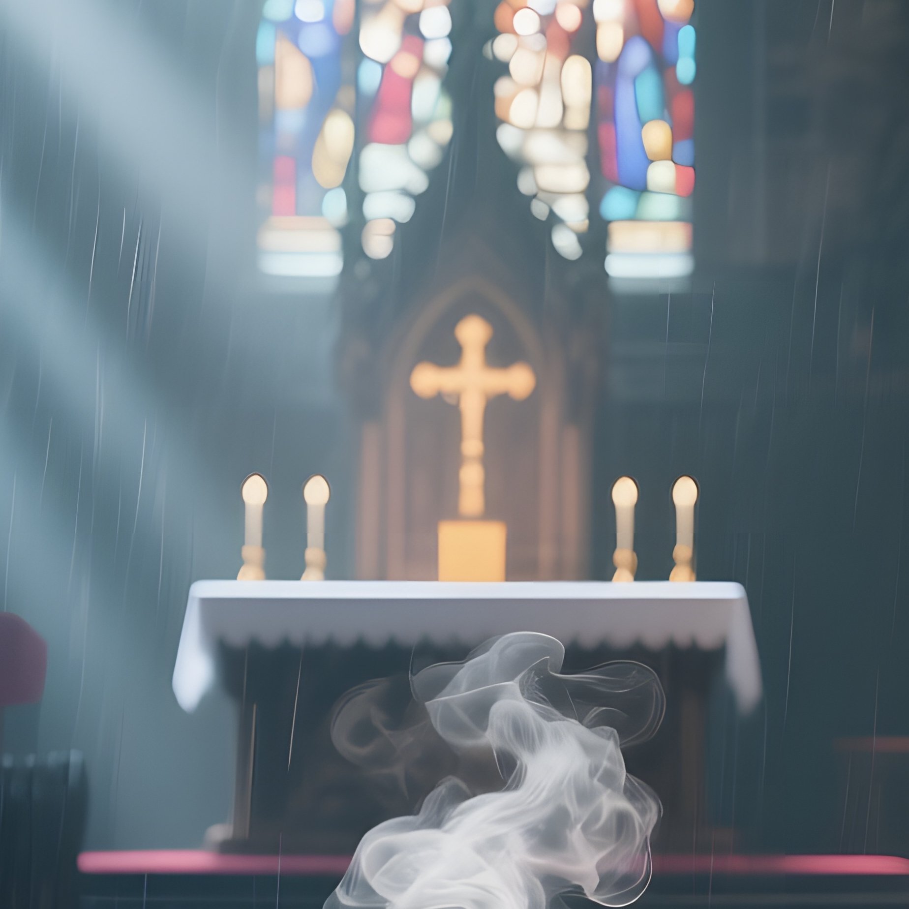 A Rainy Gothic Cathedral Aisle Altar, Stained‑Glass Rain Streaks Creating Kaleidoscopic Patterns On - Full Resolution Quality Preview