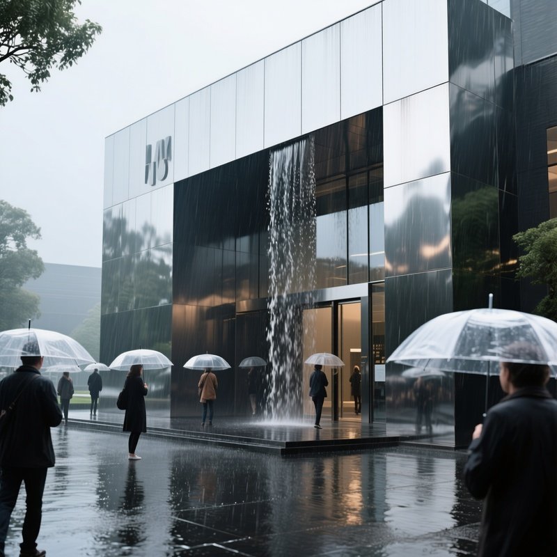 A Rainy Midday At A Sleek Steel Museum Entrance, Water Streaming Down Reflective Panels, Visitors