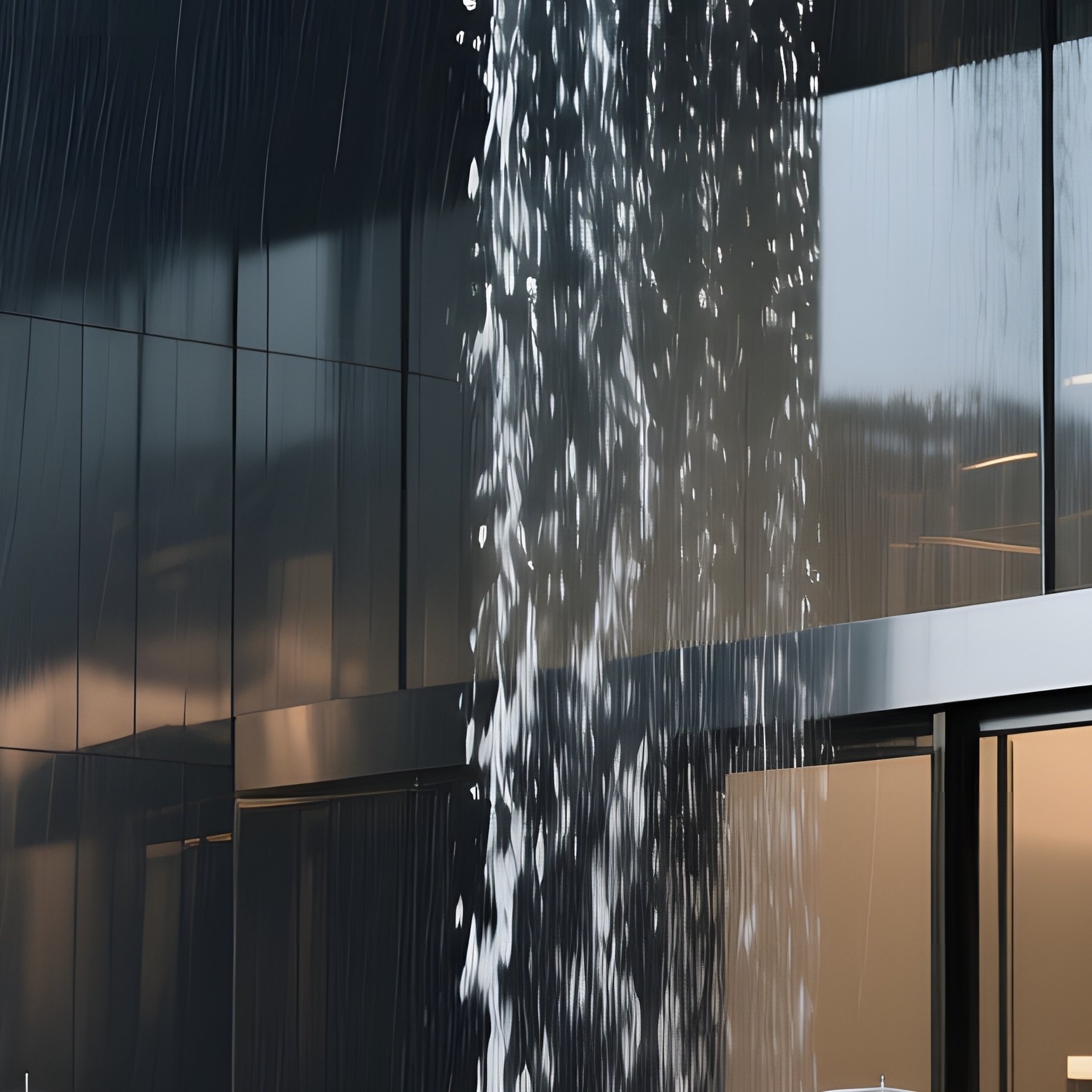 A Rainy Midday At A Sleek Steel Museum Entrance, Water Streaming Down Reflective Panels, Visitors - Full Resolution Quality Preview