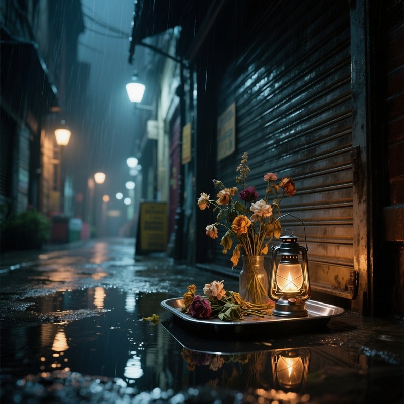 A Rainy Night Alley Altar Behind A Shuttered Shop, Puddles Reflecting Streetlights, A Metal Tray Of