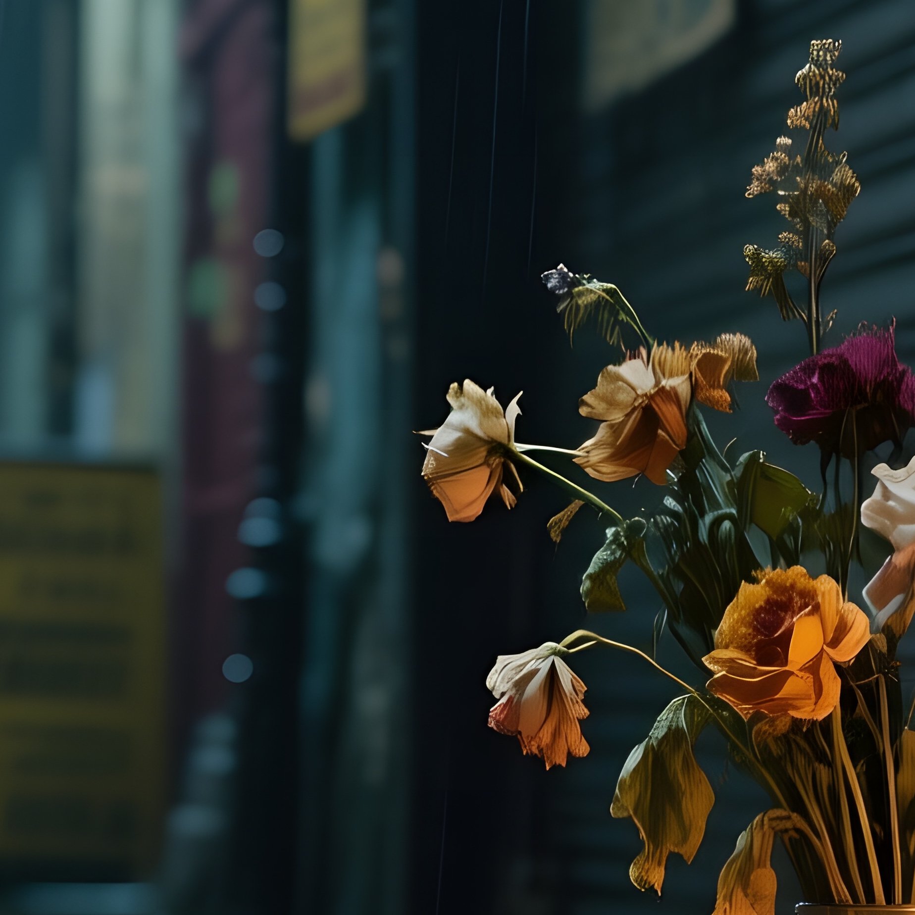 A Rainy Night Alley Altar Behind A Shuttered Shop, Puddles Reflecting Streetlights, A Metal Tray Of - Full Resolution Quality Preview