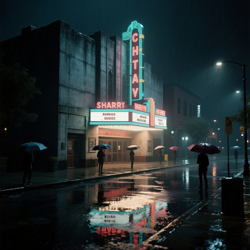 A Rainy Night At A Stark Concrete Theater, Neon Signage Reflected On Wet Sidewalks, Umbrellas