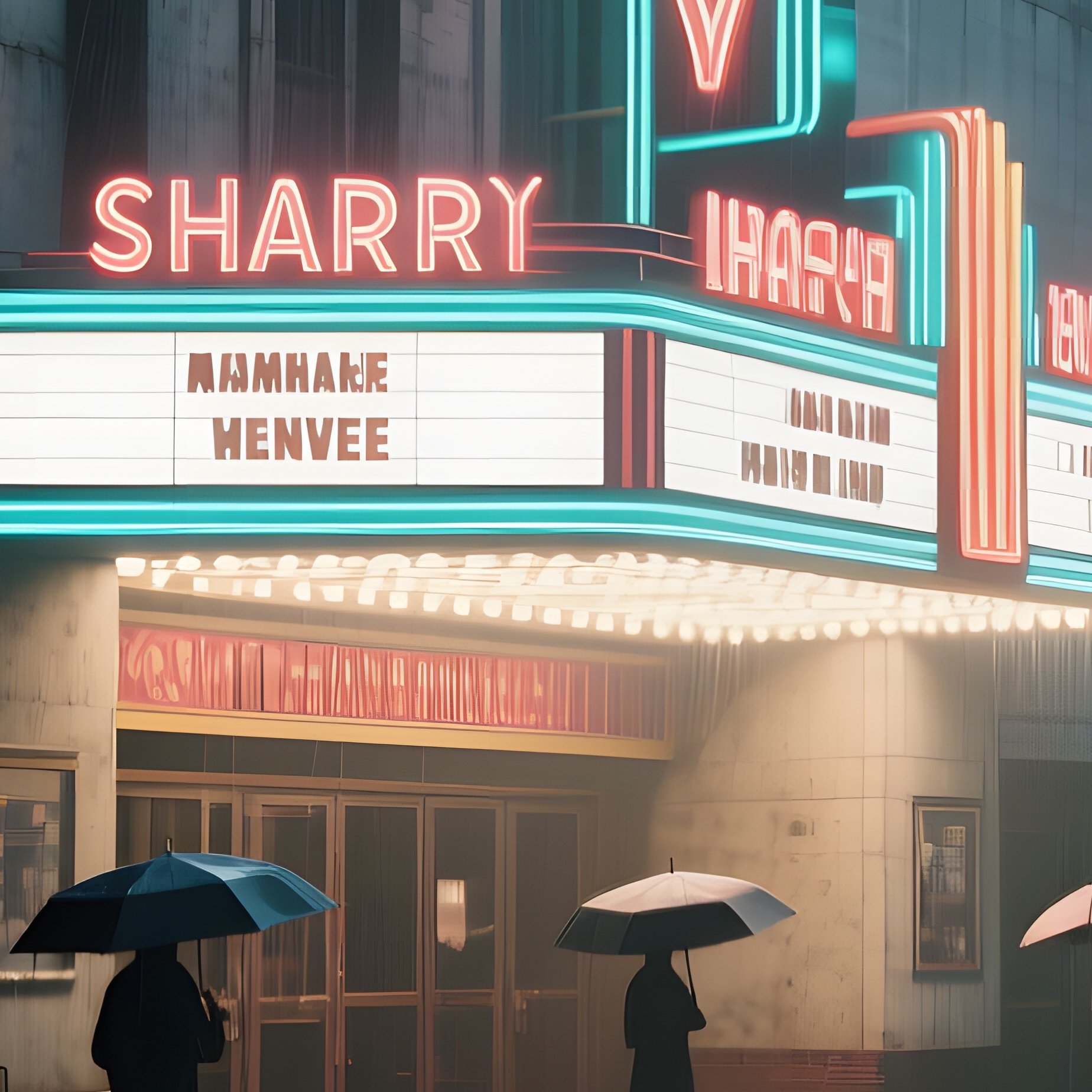 A Rainy Night At A Stark Concrete Theater, Neon Signage Reflected On Wet Sidewalks, Umbrellas - Full Resolution Quality Preview