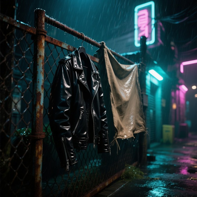 A Rainy Night In A Neon‑Lit Alley, Glossy Black Leather Jackets Hanging On A Rusted Fence, Wet