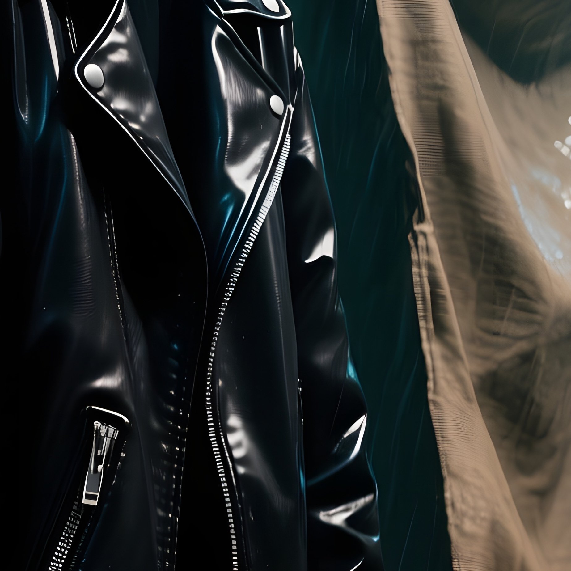 A Rainy Night In A Neon‑Lit Alley, Glossy Black Leather Jackets Hanging On A Rusted Fence, Wet - Full Resolution Quality Preview