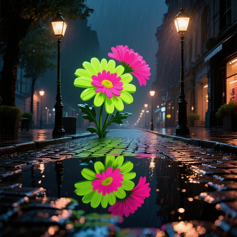 A Rainy Night Scene Under Streetlamps, Puddles Mirror Oversized Pop‑Art Chrysanthemums In Electric