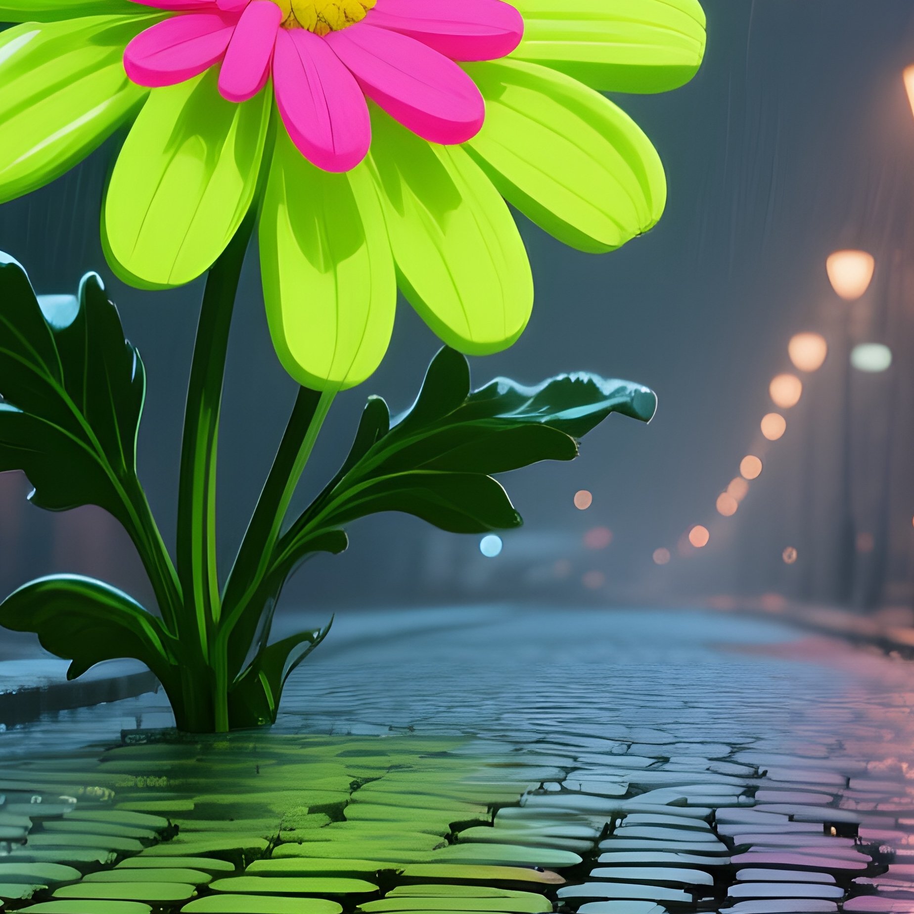 A Rainy Night Scene Under Streetlamps, Puddles Mirror Oversized Pop‑Art Chrysanthemums In Electric - Full Resolution Quality Preview