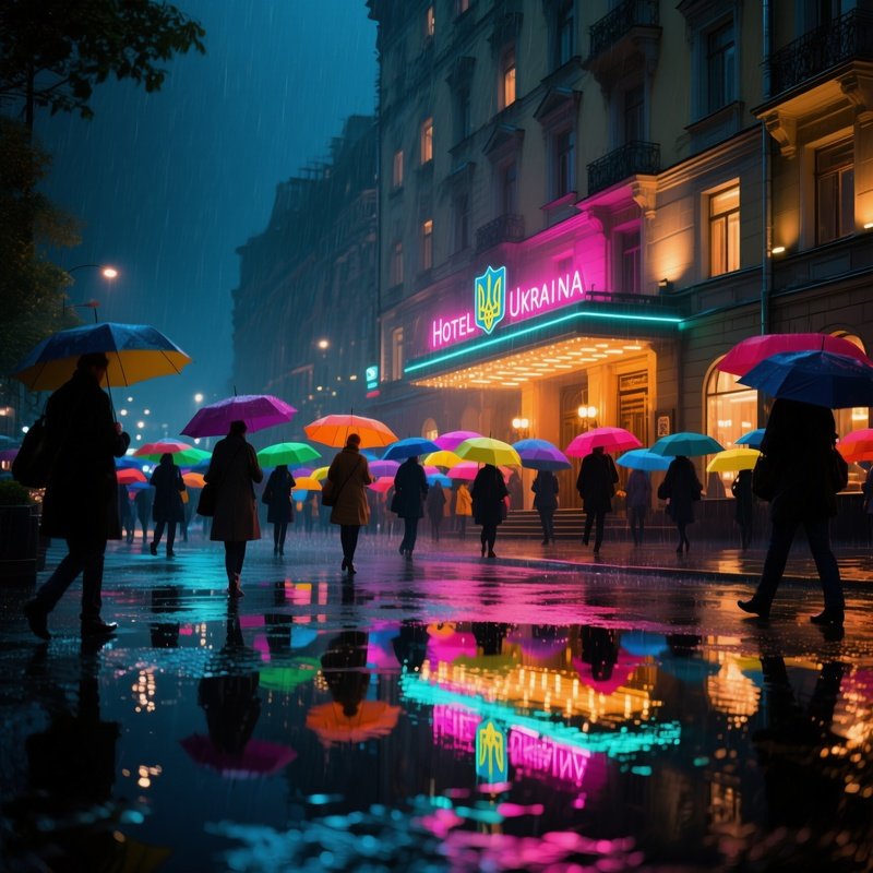 A Rainy Night Where Neon Reflections Dance On Puddles At The Foot Of The Hotel Ukraina, Umbrellas