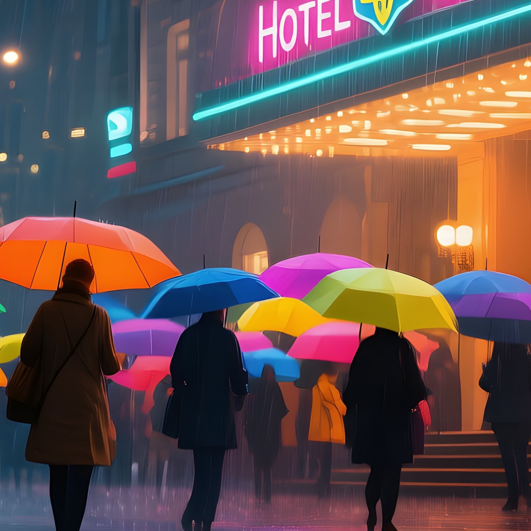 A Rainy Night Where Neon Reflections Dance On Puddles At The Foot Of The Hotel Ukraina, Umbrellas - Full Resolution Quality Preview