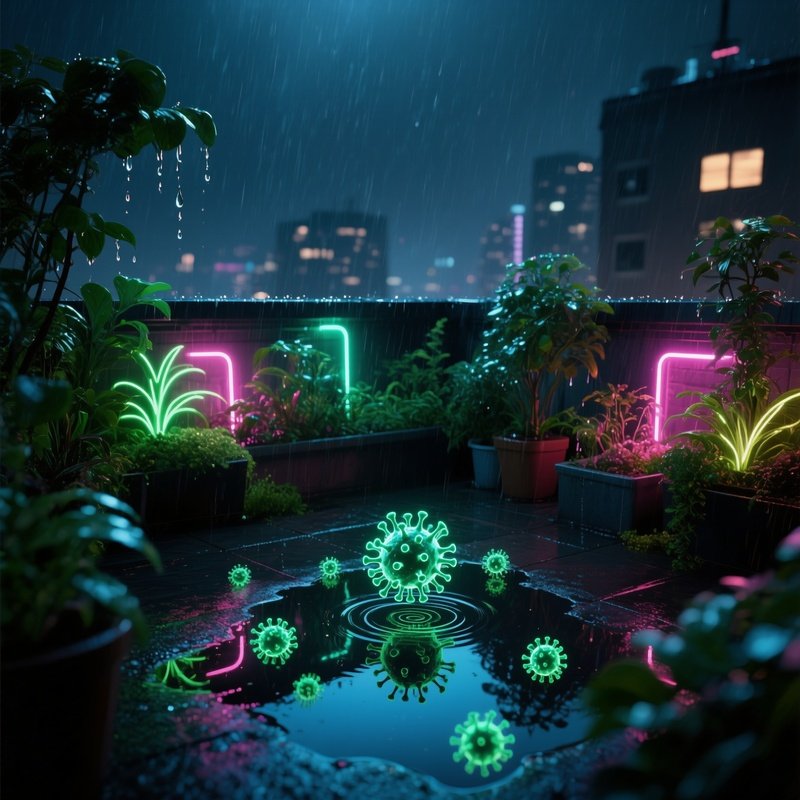 A Rainy Rooftop Garden At Night, Neon Lit Plants Dripping Water Onto Glowing Virus Particles That