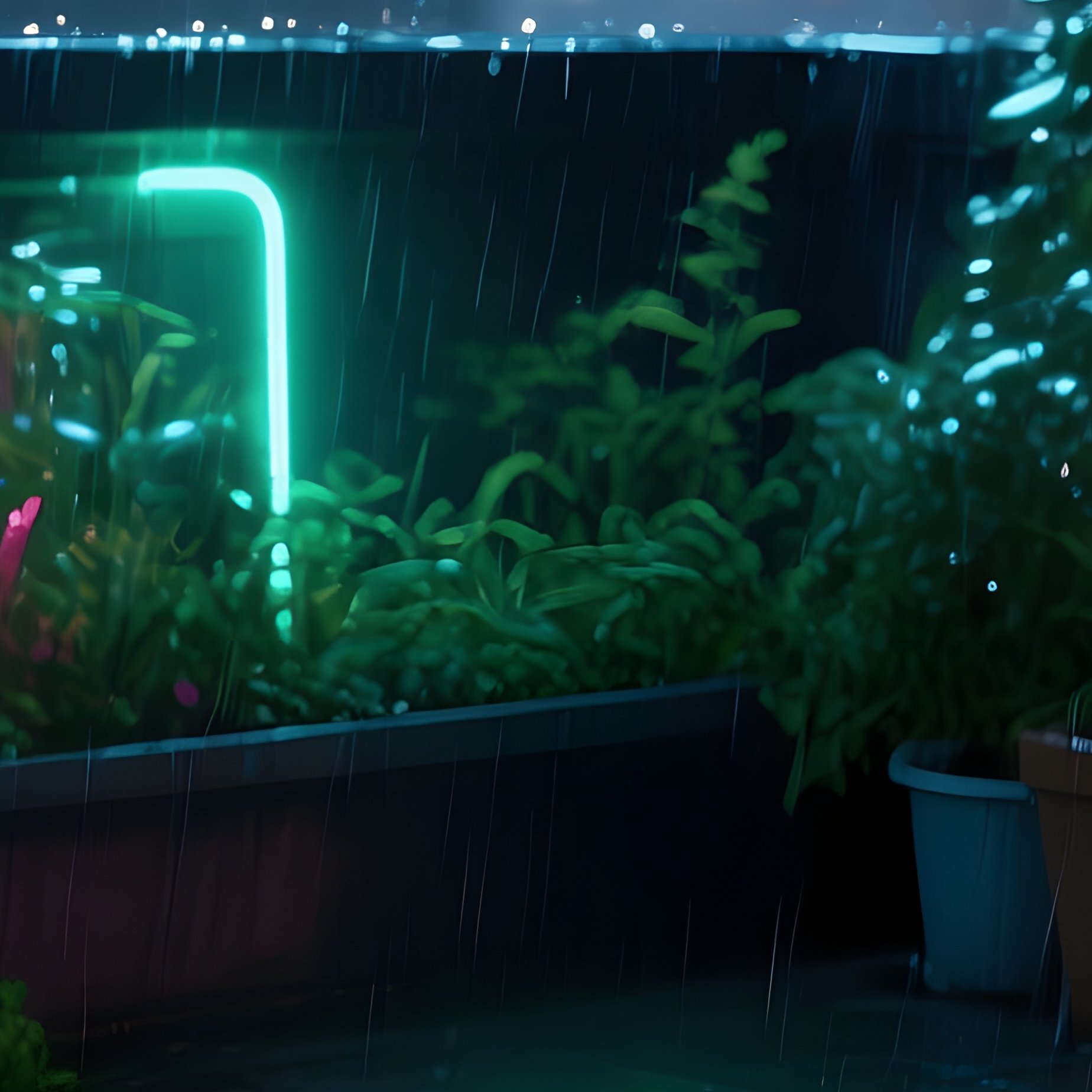 A Rainy Rooftop Garden At Night, Neon Lit Plants Dripping Water Onto Glowing Virus Particles That - Full Resolution Quality Preview