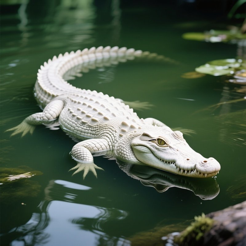 A Rare Albino Crocodile Resting In Still Green Water.