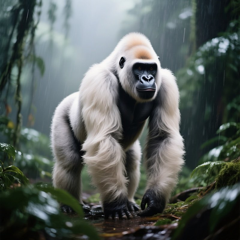 A Rare Albino Gorilla Standing In Soft Rainforest Light.