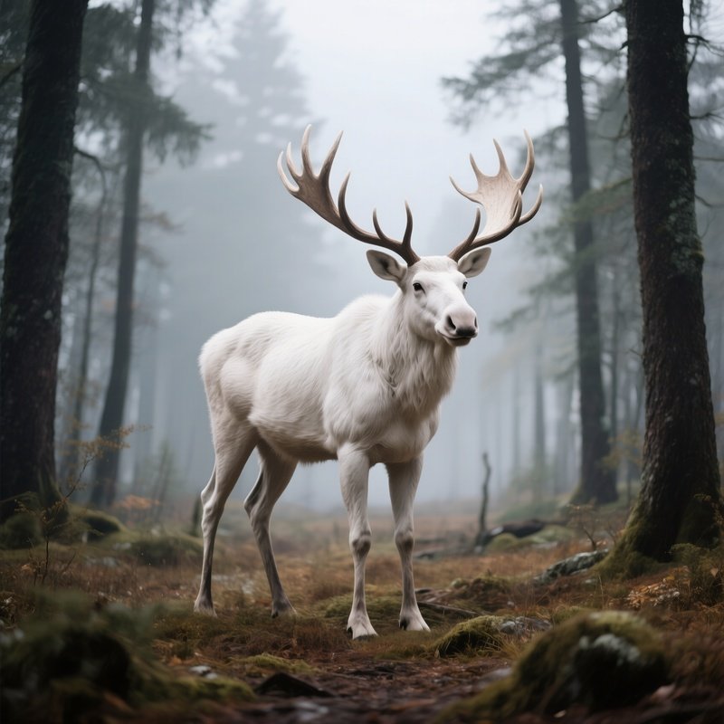 A Rare Albino Moose Standing In A Forest Clearing.