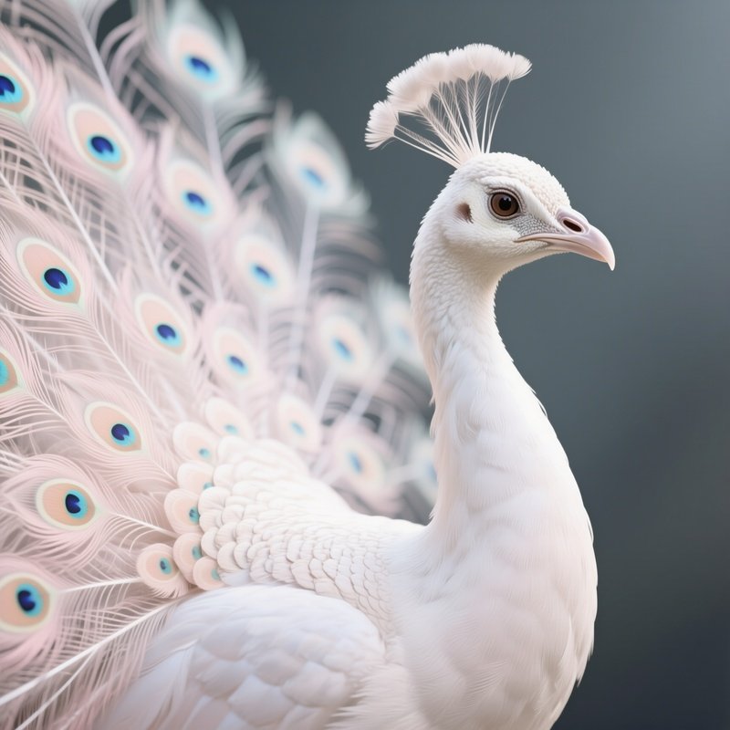 A Rare Albino Peacock Displaying Faint Pastel Feathers.