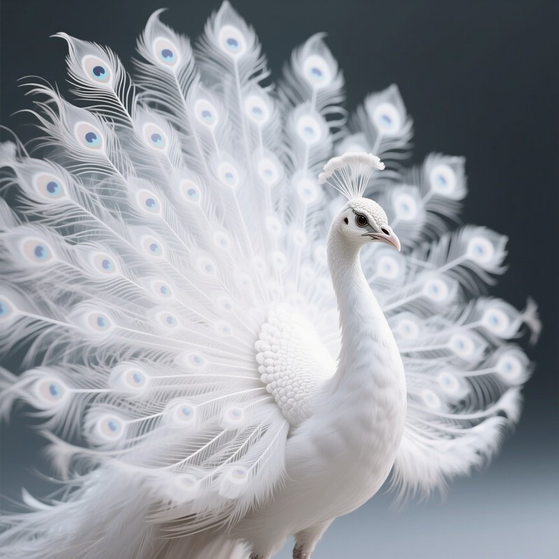 A Rare Albino Peacock Spreading Ghostly White Feathers.