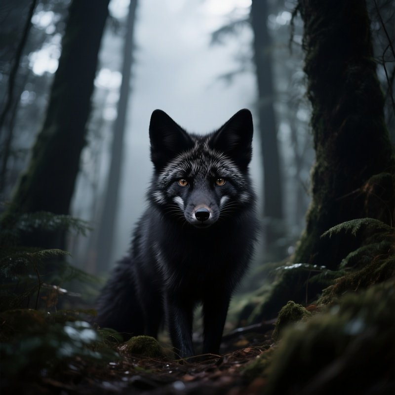 A Rare Black Fox Emerging From Deep Forest Shadows.