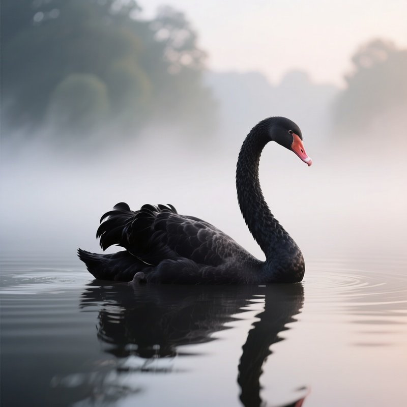 A Rare Black Swan Gliding Across Early Morning Mist.