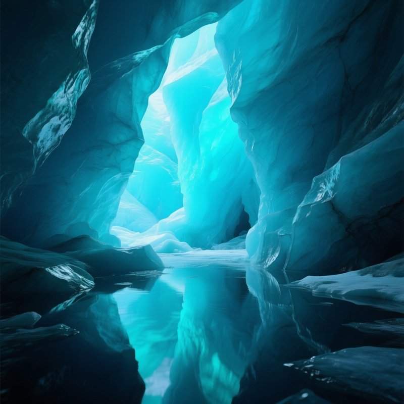 A Rare Blue Glacier Ice Cave Reflecting Turquoise Light.