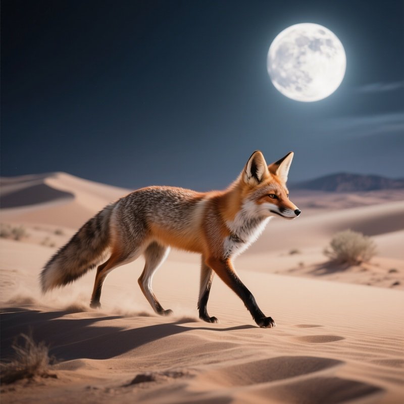 A Rare Desert Fox Crossing Moonlit Dunes.