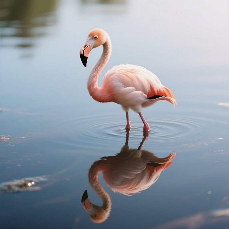 A Rare Flamingo Chick Standing In Shallow Mirrored Water.